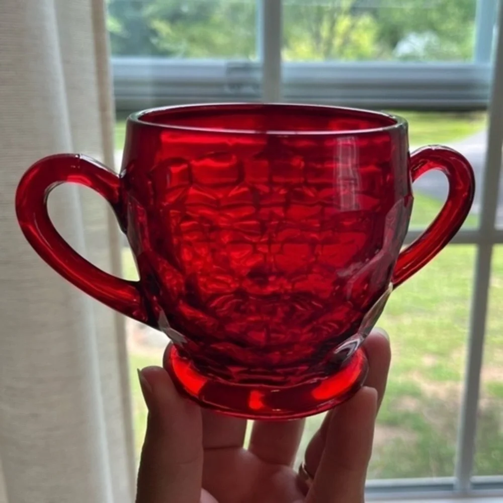 1960's Fenton Ruby Red Georgian Honeycomb Sugar Bowl Depression Glass Dish